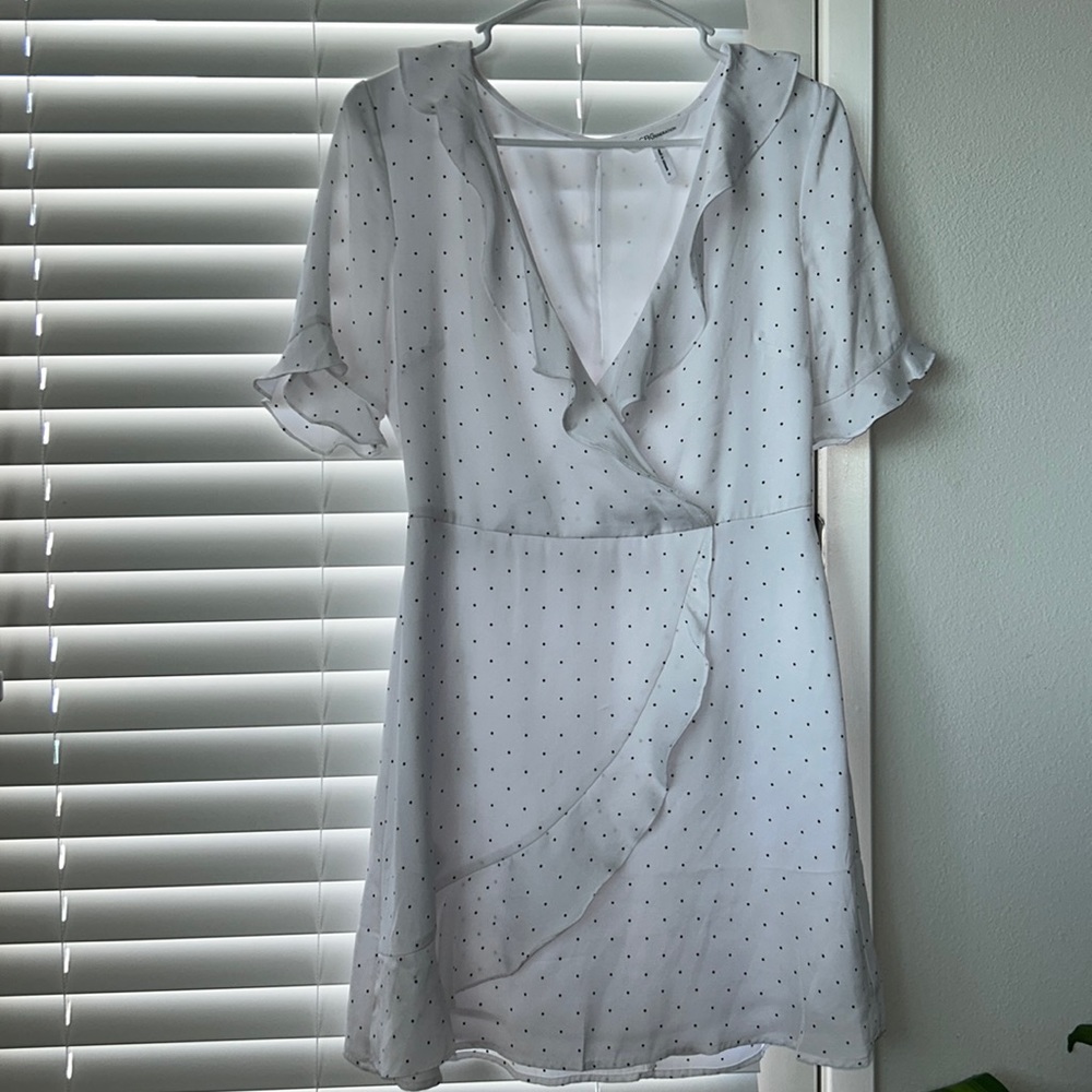 BCBGeneration Polka Dot Faux Wrap Ruffled Mini Black White Dress